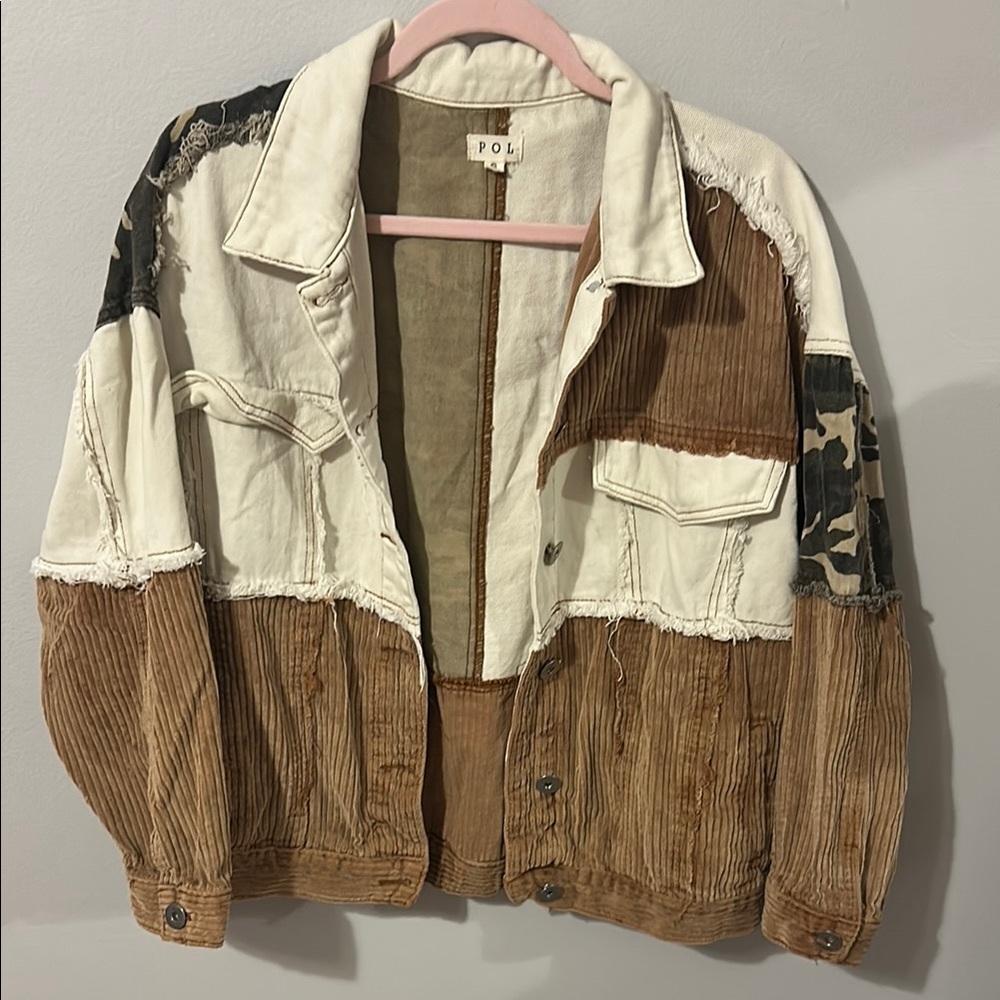 POL Womens Patchwork Jacket - Brown and Cream